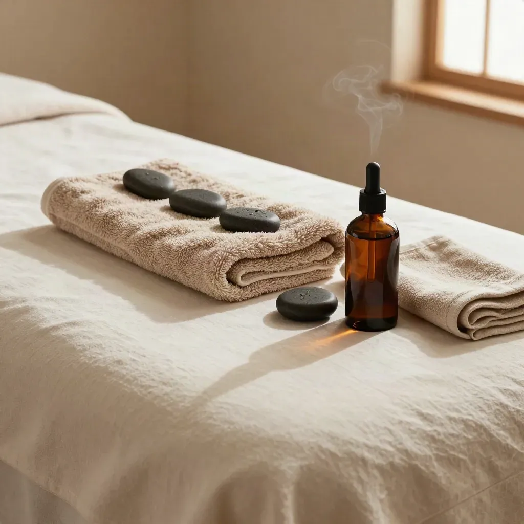 Letto da massaggio con lino teso, asciugamani, pietre basaltiche e flacone d’olio in una spa