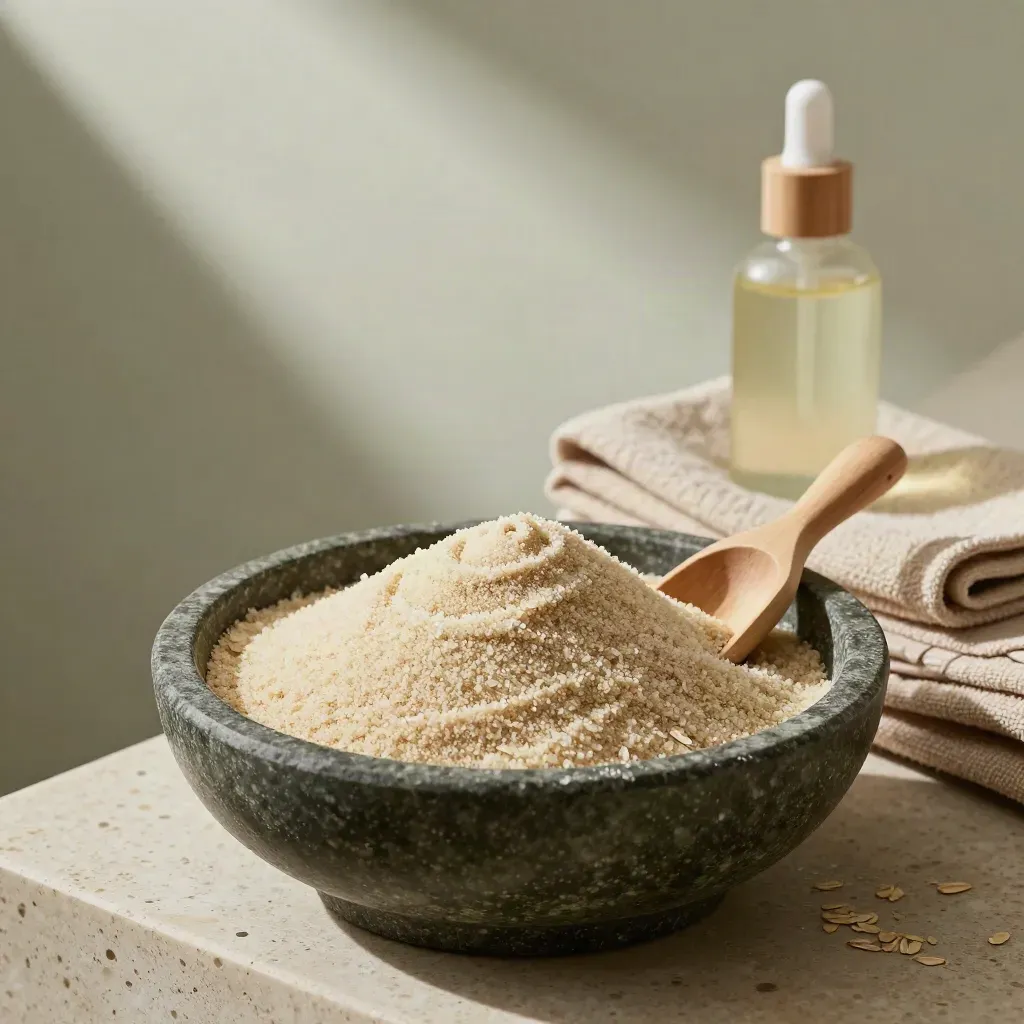 Rituale spa corpo con scrub, telo in lino e olio su vassoio di pietra, luce drammatica.