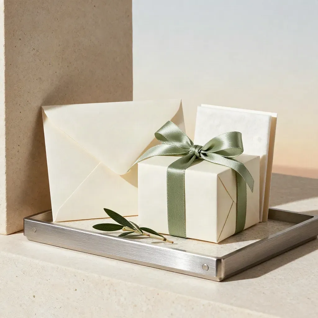 Pacco regalo Puro Senso su vassoio di pietra con nastro salvia e rametto secco.