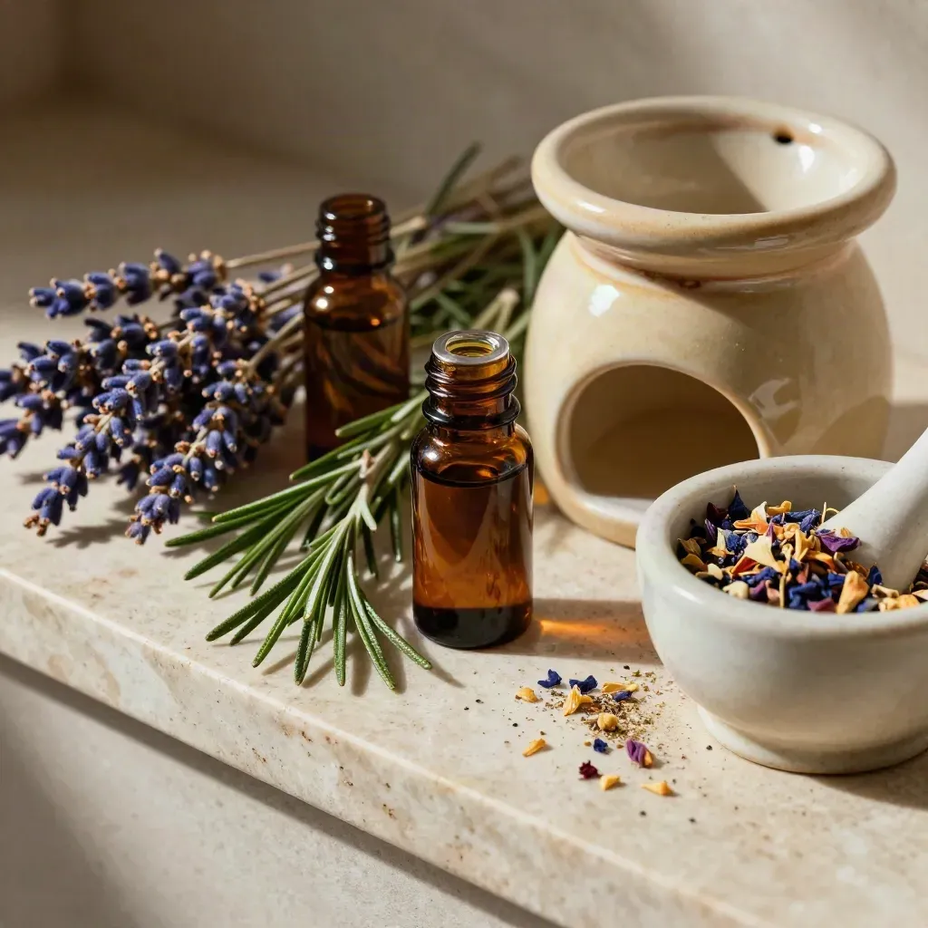 Erbe aromatiche, oli amber e mortaio in ceramica su travertino, luce radente.