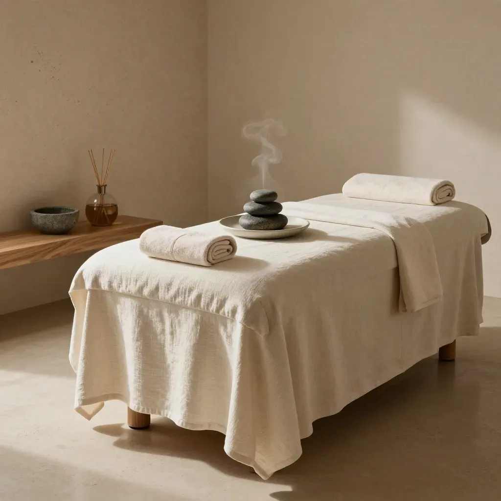 Stanza spa serena con lettino, pietre calde, lenzuola piegate e diffusore profumato.